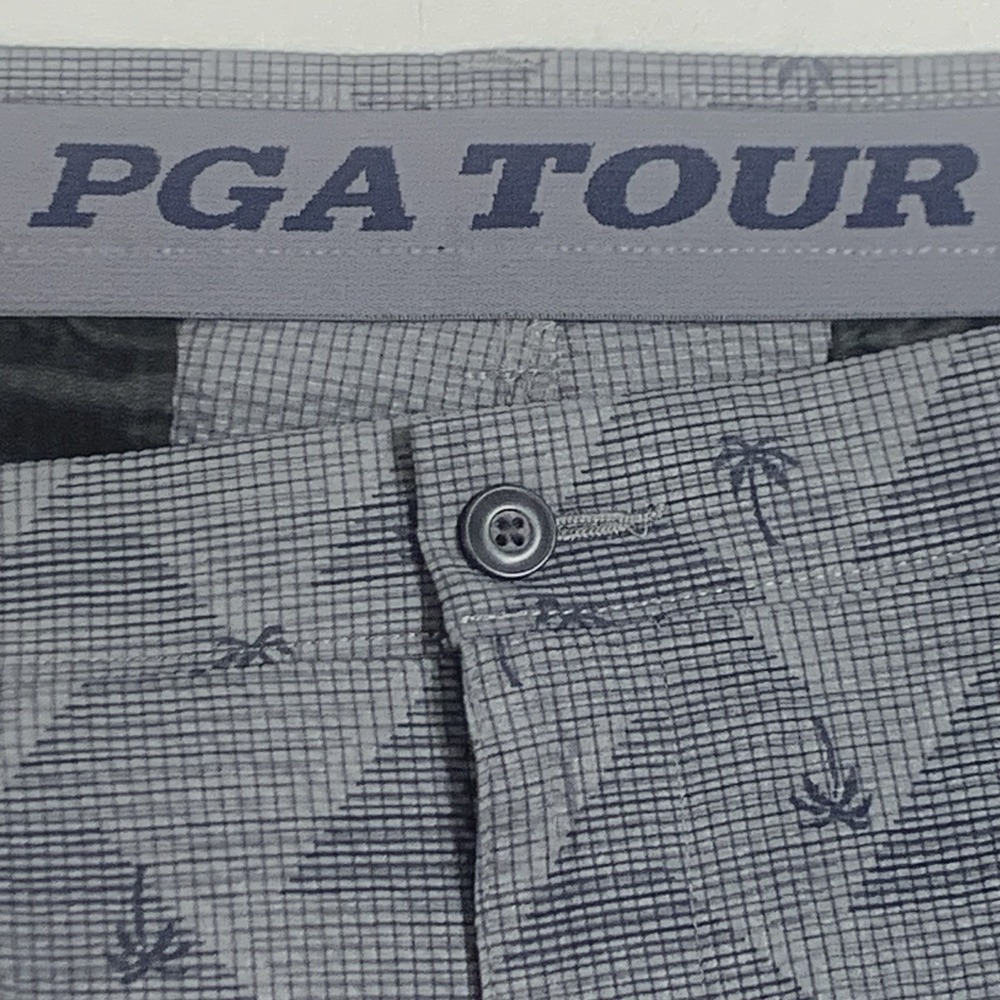 PGA Tour Men's 38 Seersucker Golf Shorts Gray Palm Trees Polyester Flex Waist - Picture 4 of 6